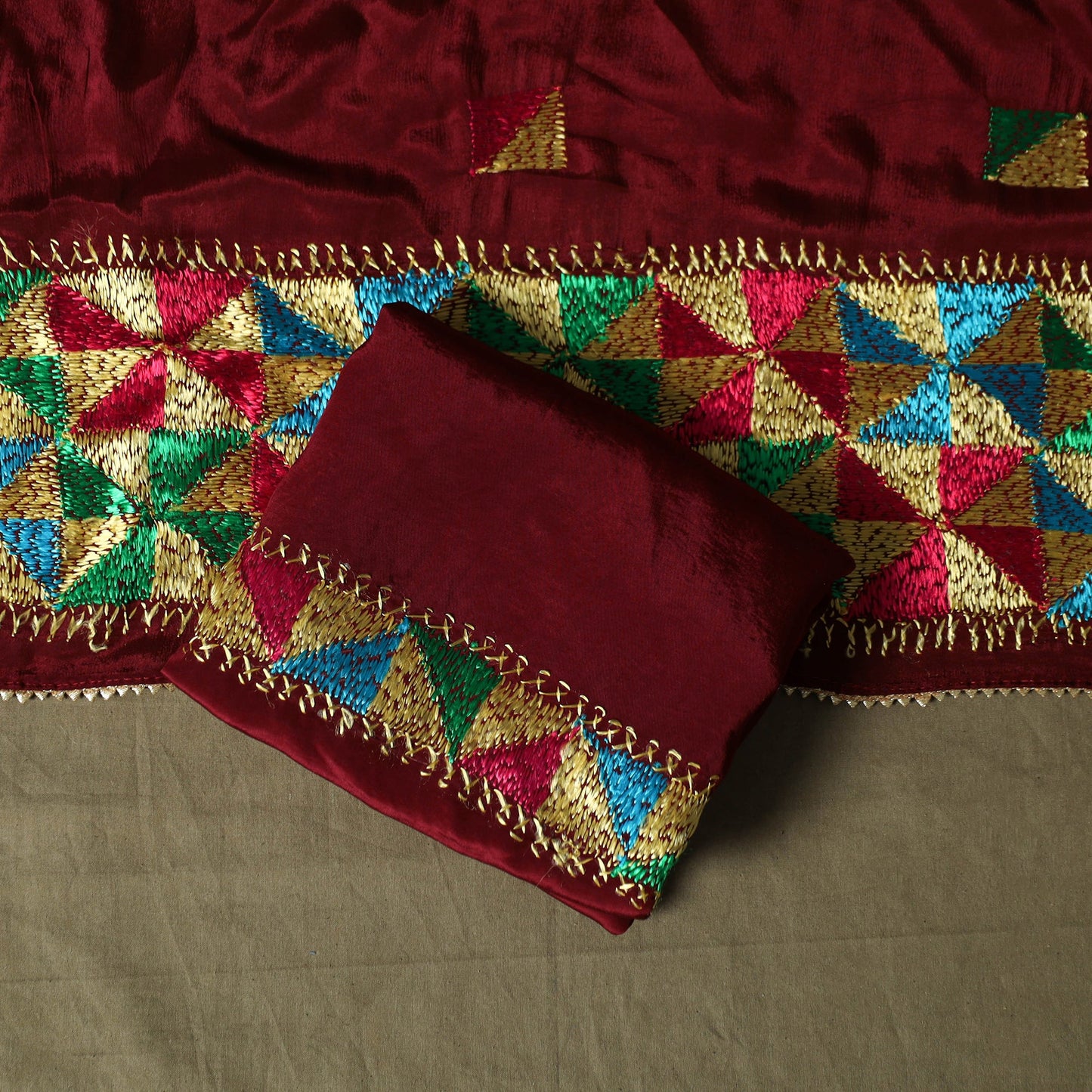 Phulkari hand embroidered crepe silk 3pc unstitched dress