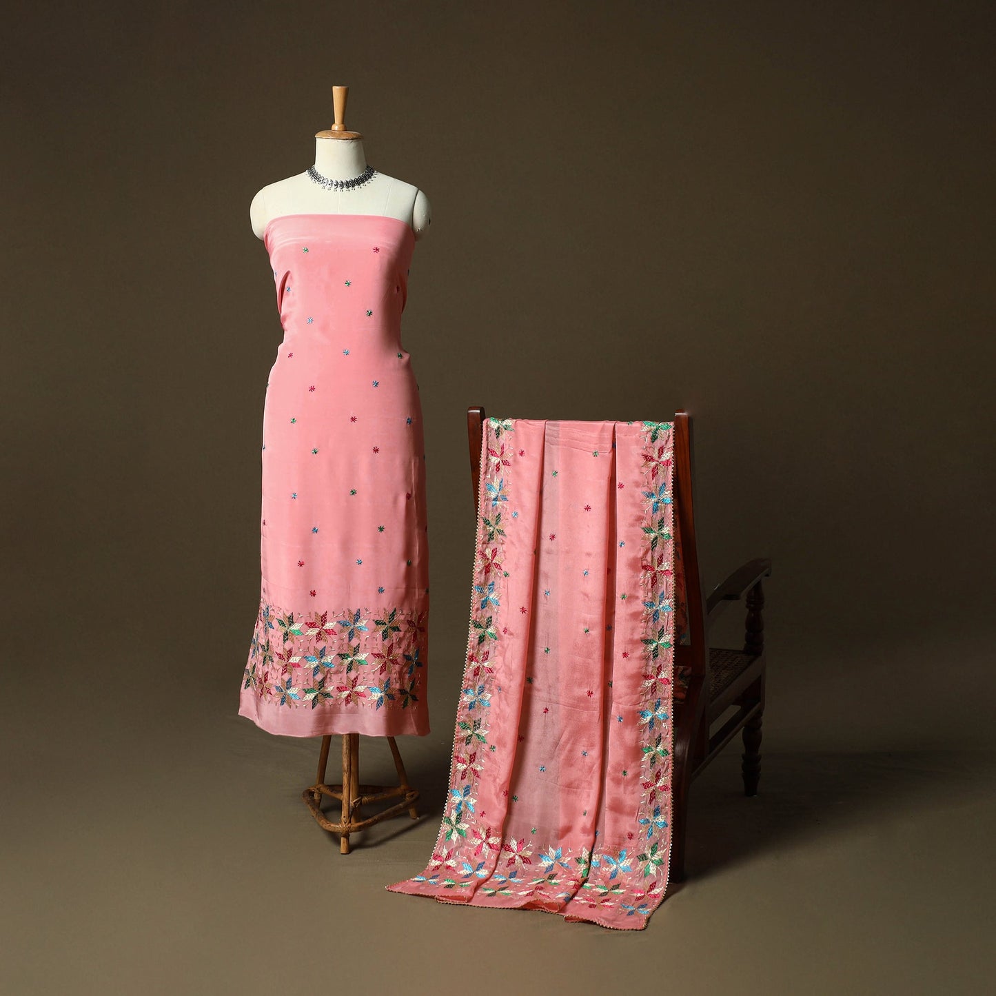 Phulkari hand embroidered crepe silk 3pc unstitched dress