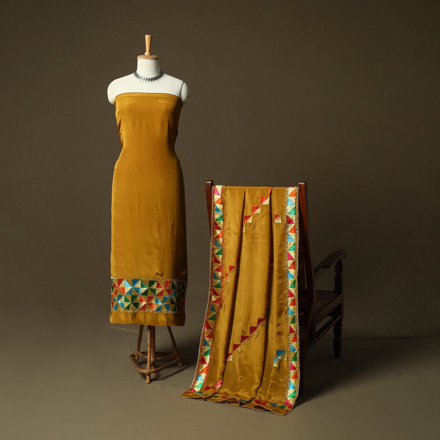 Phulkari hand embroidered crepe silk 3pc unstitched dress