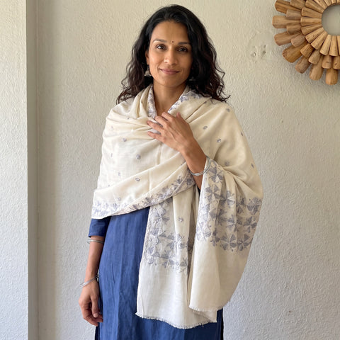 White Phulkari Hand Embroidered Wool Shawl, worn by a model, AI visual of the shawl, iTokri