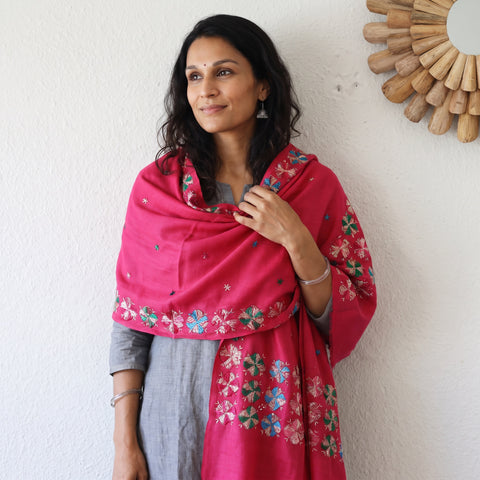 Pink Phulkari Hand Embroidered Wool Shawl, worn by a model, AI visual of the shawl, iTokri