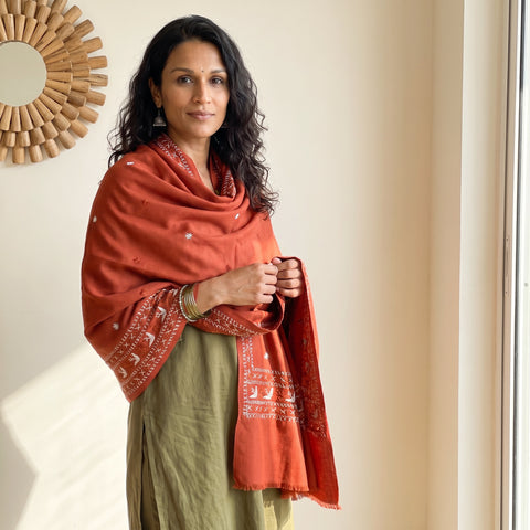 Red Phulkari Hand Embroidered Wool Shawl, worn by a model, AI visual of the shawl, iTokri