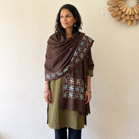 Brown Phulkari Hand Embroidered Wool Shawl, worn by a model, AI visual of the shawl, iTokri