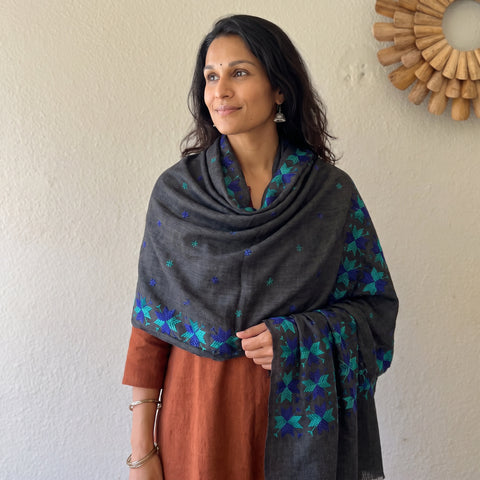 Black Phulkari Hand Embroidered Wool Shawl, worn by a model, AI visual of the shawl, iTokri