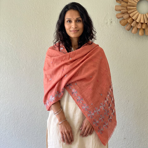 Pink Phulkari Hand Embroidered Wool Shawl, worn by a model, AI visual of the shawl, iTokri