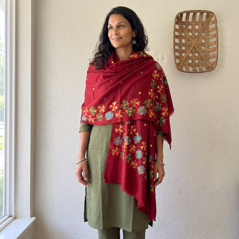 Red Phulkari Hand Embroidered Wool Shawl, worn by a model, AI visual of the shawl, iTokri