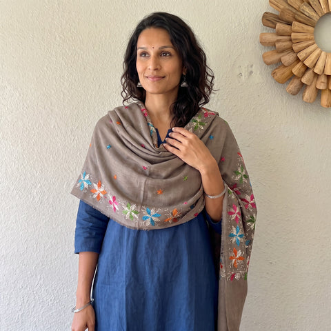 Brown Phulkari Hand Embroidered Wool Shawl, worn by a model, AI visual of the shawl, iTokri