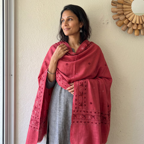 Pink Phulkari Hand Embroidered Wool Shawl, worn by a model, AI visual of the shawl, iTokri