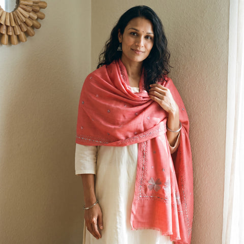 Pink Phulkari Hand Embroidered Wool Shawl, worn by a model, AI visual of the shawl, iTokri