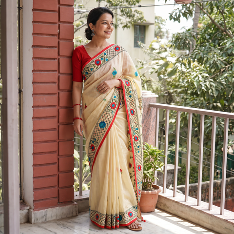 Yellow Phulkari Hand Embroidery Chapa Work Chanderi Silk Saree, draped and worn by a woman, AI visual of the saree, iTokri