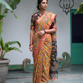 Mustard yellow Srikalahasti pen Kalamkari silk cotton saree, full front view, AI visual of the saree, iTokri
