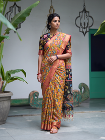 Mustard yellow Srikalahasti pen Kalamkari silk cotton saree, full front view, AI visual of the saree, iTokri