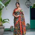Green Srikalahasti pen Kalamkari silk cotton saree, full length front view, AI visual of the saree, iTokri