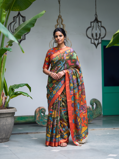 Green Srikalahasti pen Kalamkari silk cotton saree, full length front view, AI visual of the saree, iTokri