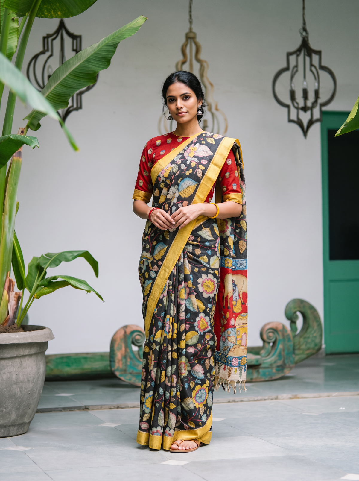 Full front view of the black pen Kalamkari saree with its red village pallu, AI visual of the saree, iTokri