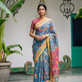 Blue Srikalahasti pen Kalamkari saree worn with a yellow lotus border, full front, AI visual of the saree, iTokri