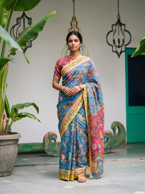 Blue Srikalahasti pen Kalamkari saree worn with a yellow lotus border, full front, AI visual of the saree, iTokri
