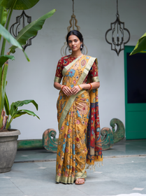 Mustard yellow Srikalahasti pen Kalamkari silk cotton saree with red pallu, full front view, AI visual of the saree, iTokri