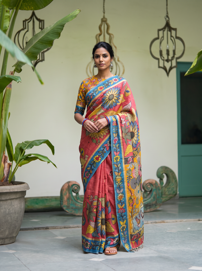 Standing front view of the coral pink pen Kalamkari saree with sunflowers and a mustard pallu, AI visual of the saree, iTokri