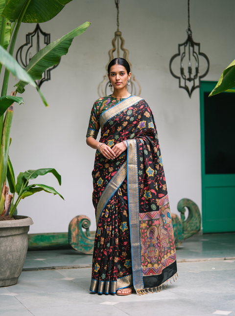 Black Srikalahasti pen Kalamkari silk cotton saree, full length front view, AI visual of the saree, iTokri