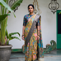 Mustard yellow Srikalahasti pen Kalamkari silk cotton saree, full length front view, AI visual of the saree, iTokri