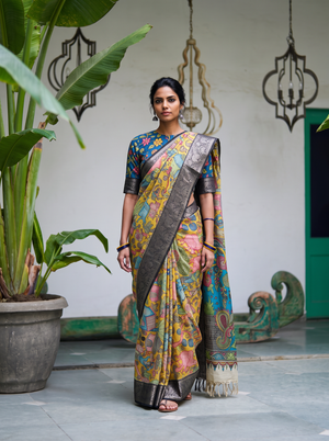 Mustard yellow Srikalahasti pen Kalamkari silk cotton saree, full length front view, AI visual of the saree, iTokri