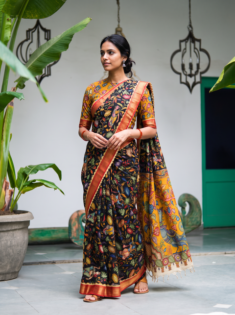 Black Srikalahasti pen Kalamkari silk cotton saree, full front view with the mustard pallu, AI visual of the saree, iTokri