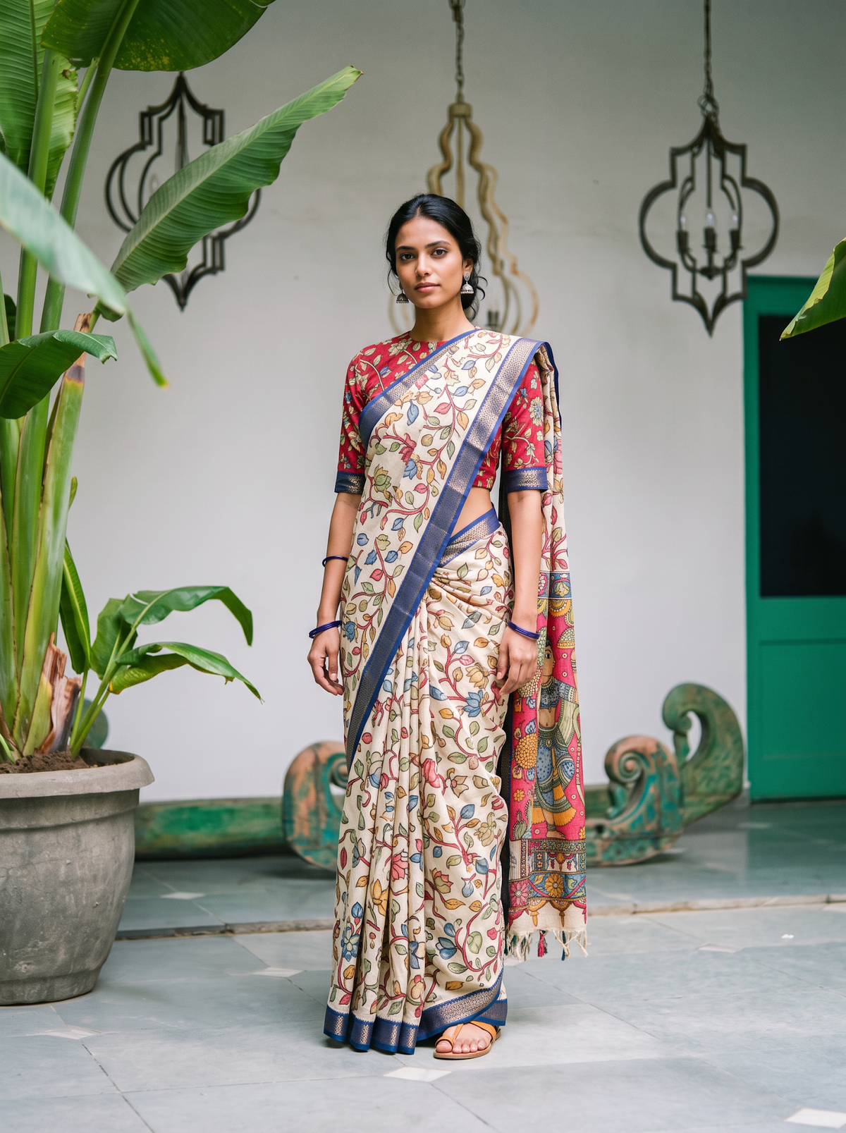 Cream Srikalahasti pen Kalamkari silk cotton saree with royal blue border, full front view, AI visual of the saree, iTokri