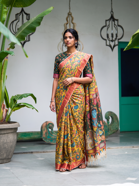 Yellow Srikalahasti pen Kalamkari silk cotton saree with dark green pallu, full front view, AI visual of the saree, iTokri