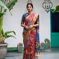 Coral pink Srikalahasti pen Kalamkari silk cotton saree, full length front view, AI visual of the saree, iTokri
