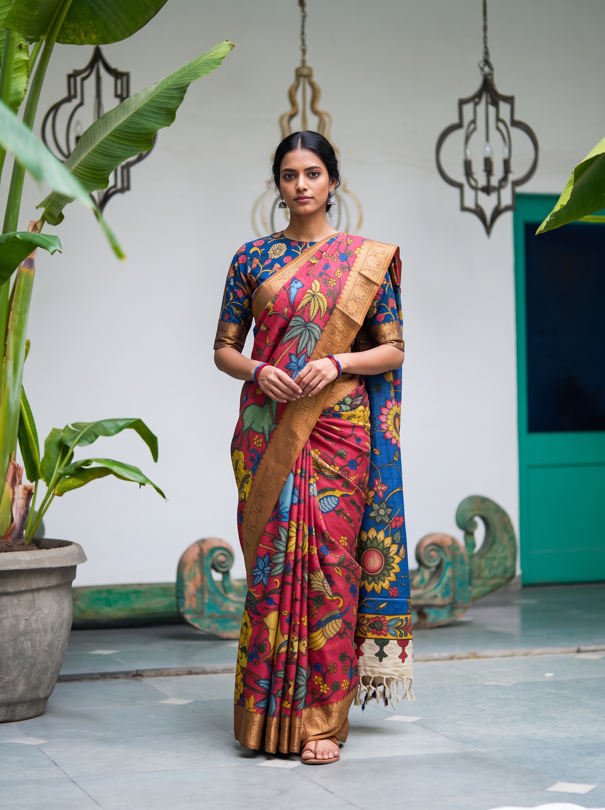 Coral pink Srikalahasti pen Kalamkari silk cotton saree, full length front view, AI visual of the saree, iTokri