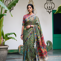 Sage green Srikalahasti Kalamkari saree worn with the coral pallu, seen full length, AI visual of the saree, iTokri