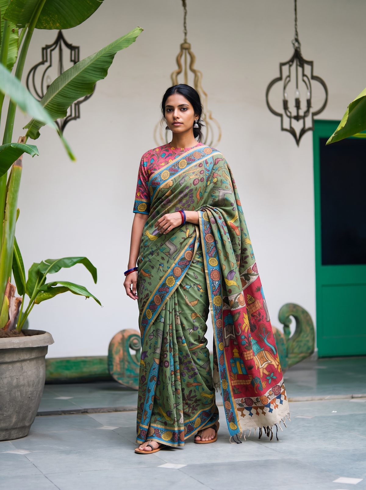 Sage green Srikalahasti Kalamkari saree worn with the coral pallu, seen full length, AI visual of the saree, iTokri