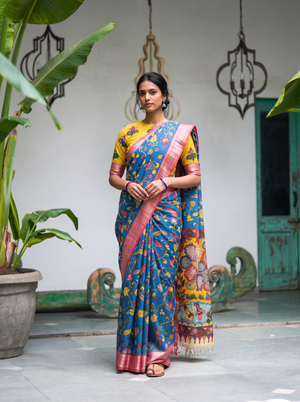 Front view, head to toe, of the blue Srikalahasti silk cotton saree with a pink border, AI visual of the saree, iTokri