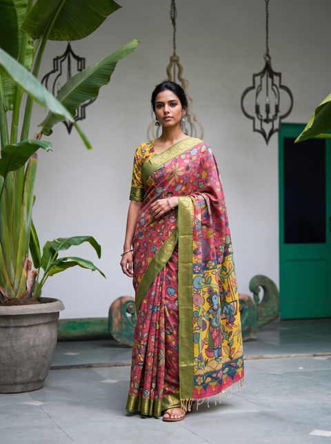 Rose pink Srikalahasti pen Kalamkari silk cotton saree, full length front view, AI visual of the saree, iTokri