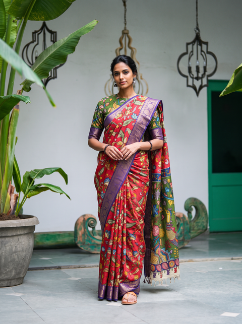 Red Srikalahasti pen Kalamkari silk cotton saree, full length front view, AI visual of the saree, iTokri