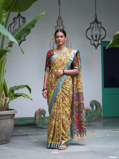 Yellow Srikalahasti pen Kalamkari silk cotton saree with sky blue border, full front view, AI visual of the saree, iTokri