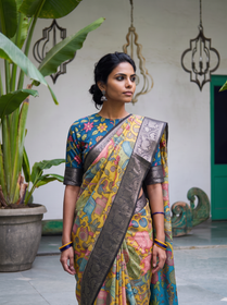 Black and silver border over the shoulder of the yellow Kalamkari saree, close front view, AI visual of the saree, iTokri