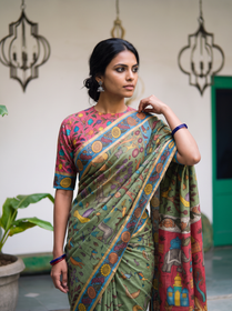 Waist-up view of deer and birds on sage green under the sky blue flower border, AI visual of the saree, iTokri