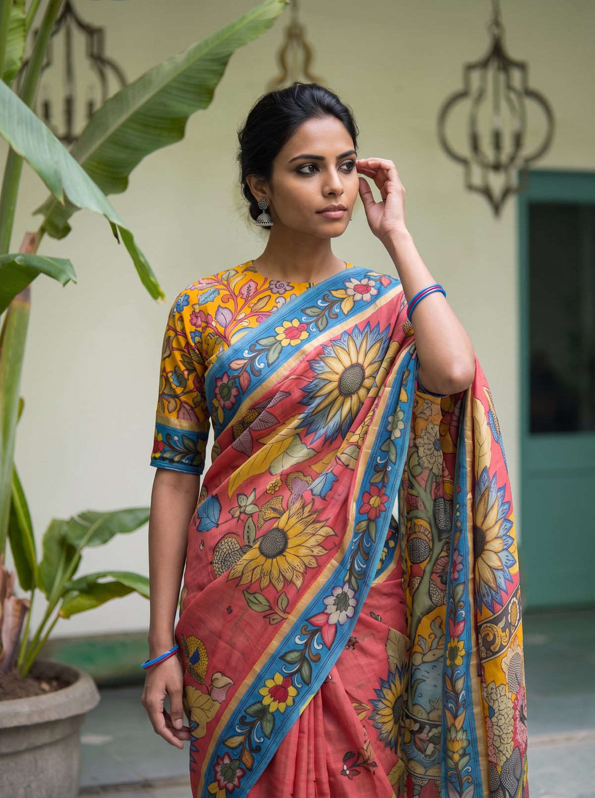 Upper body view: big sunflowers on coral pink with the sky blue vine border, AI visual of the saree, iTokri