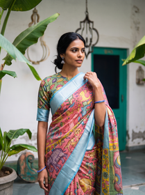 Deer and elephants on pink beside the silvery blue border, seen close from the front, AI visual of the saree, iTokri