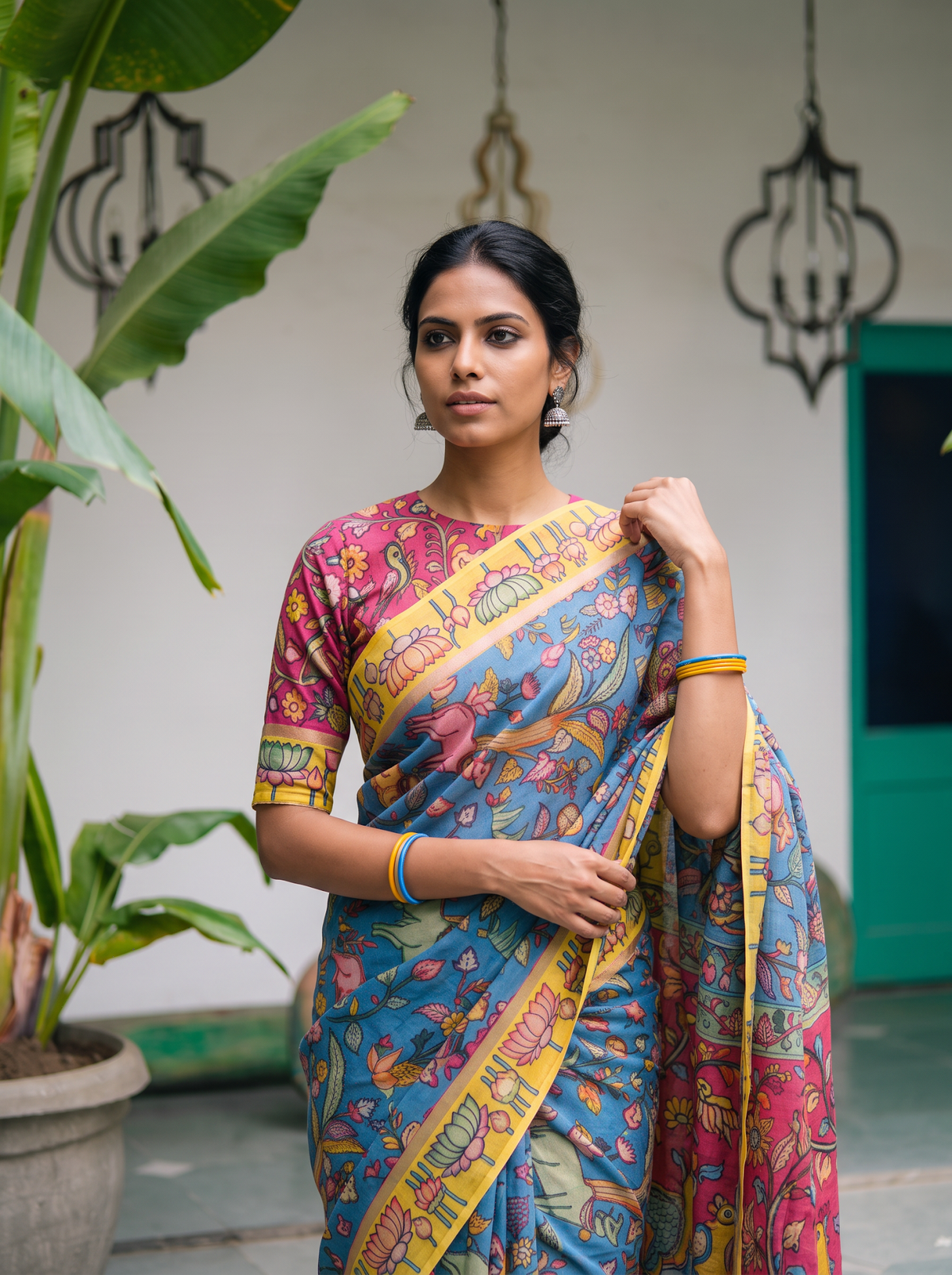 Near view of tiny painted birds on blue, with the lotus border across the shoulder, AI visual of the saree, iTokri