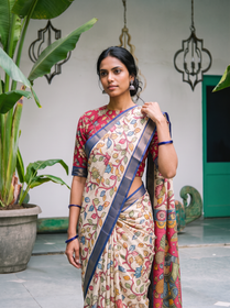 Close front view of the cream lotus vine Kalamkari saree and its blue border, AI visual of the saree, iTokri