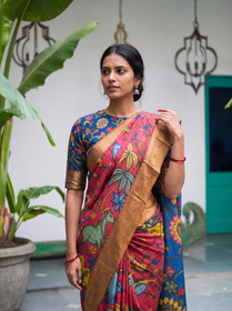 Painted deer and trees on the pink body with the gold border, close front view, AI visual of the saree, iTokri