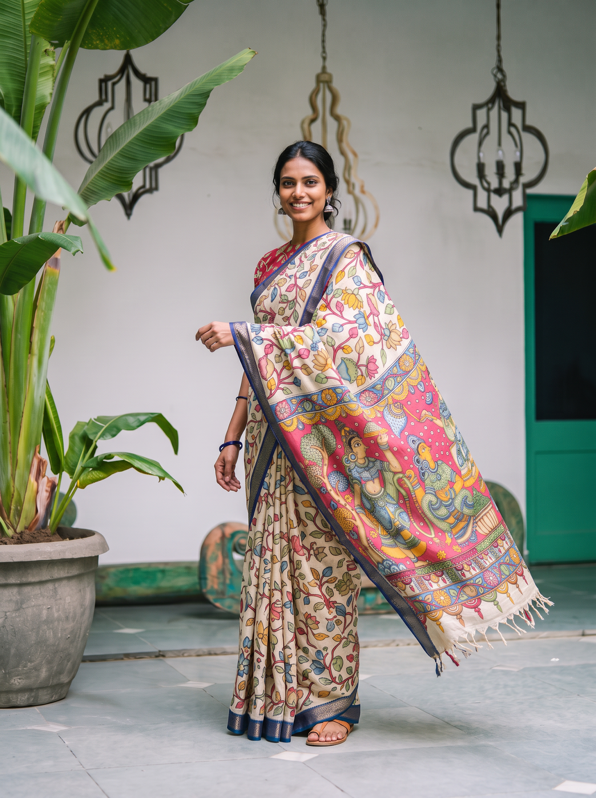 Magenta pallu of the cream Kalamkari saree held out, painted with women and trees, AI visual of the saree, iTokri