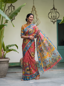 Mustard tree pallu held out wide from the coral pink sunflower saree, AI visual of the saree, iTokri