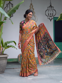 Black peacock pallu of the mustard Kalamkari saree spread out by hand, AI visual of the saree, iTokri