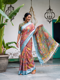 Sage green bird pallu held out wide from the pink deer and elephant saree, AI visual of the saree, iTokri