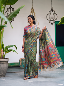 Coral elephant pavilion pallu held out wide from the sage green saree, AI visual of the saree, iTokri