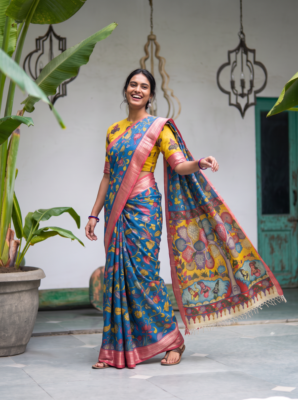 Yellow tree scene pallu held out to one side from the blue and pink saree, AI visual of the saree, iTokri